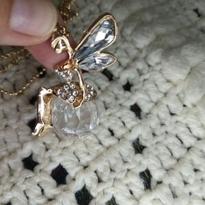 Fairy‎ Figure Pendant Necklace Rhinestones Gold Toned 13.5" Double Chain Fantasy